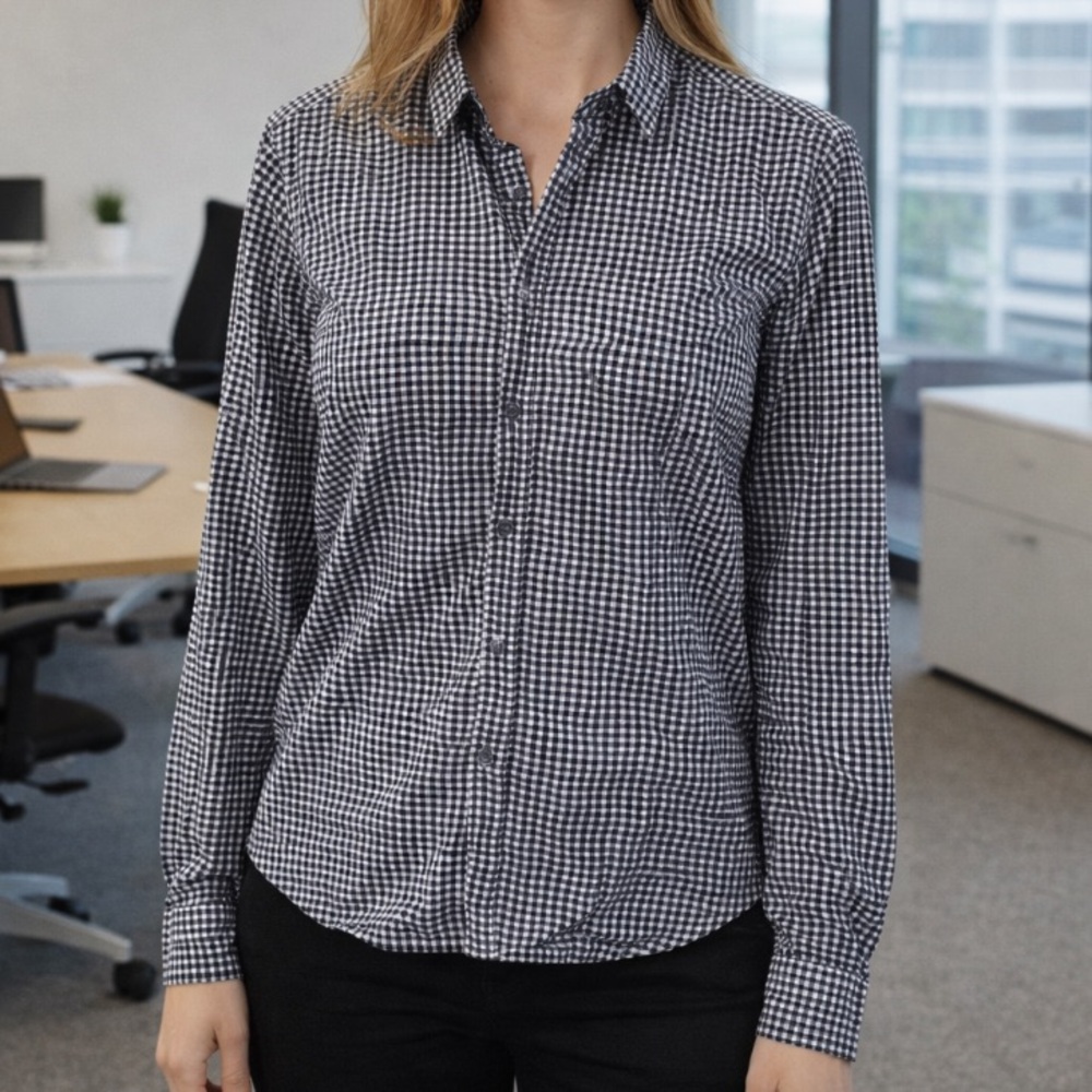 Theory Button Down Shirt Womens Large Gingham Print Checked Cotton Black White